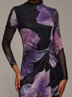 Jolie Moi Purple High Neck Long Sleeve Mesh Maxi Dress