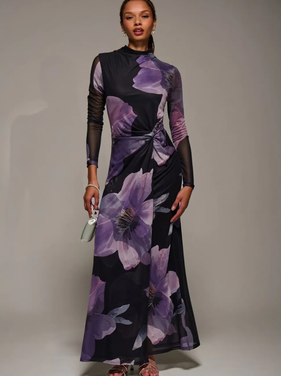 Jolie Moi Purple High Neck Long Sleeve Mesh Maxi Dress