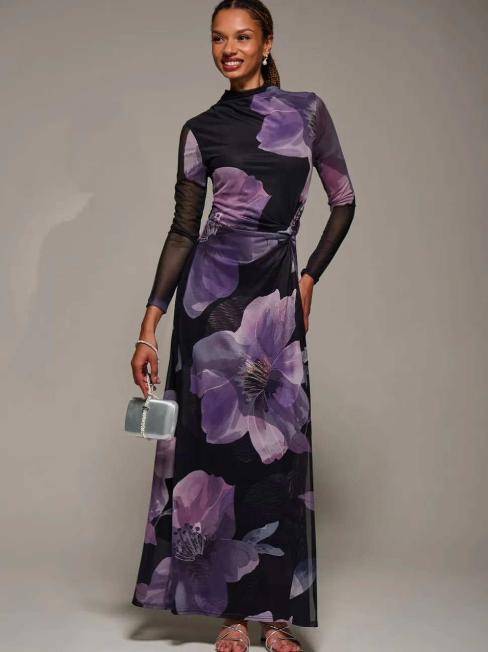 Jolie Moi Purple High Neck Long Sleeve Mesh Maxi Dress