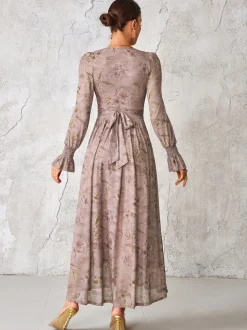 Jolie Moi Purple Long Sleeve Mesh Maxi Dress