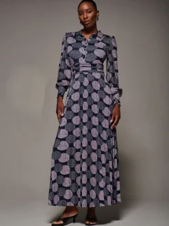 Jolie Moi Purple Long Sleeve Pleated Jersey Maxi Dress