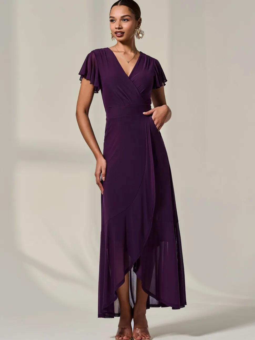 Jolie Moi Purple Plain Wrap Mesh Maxi Dress