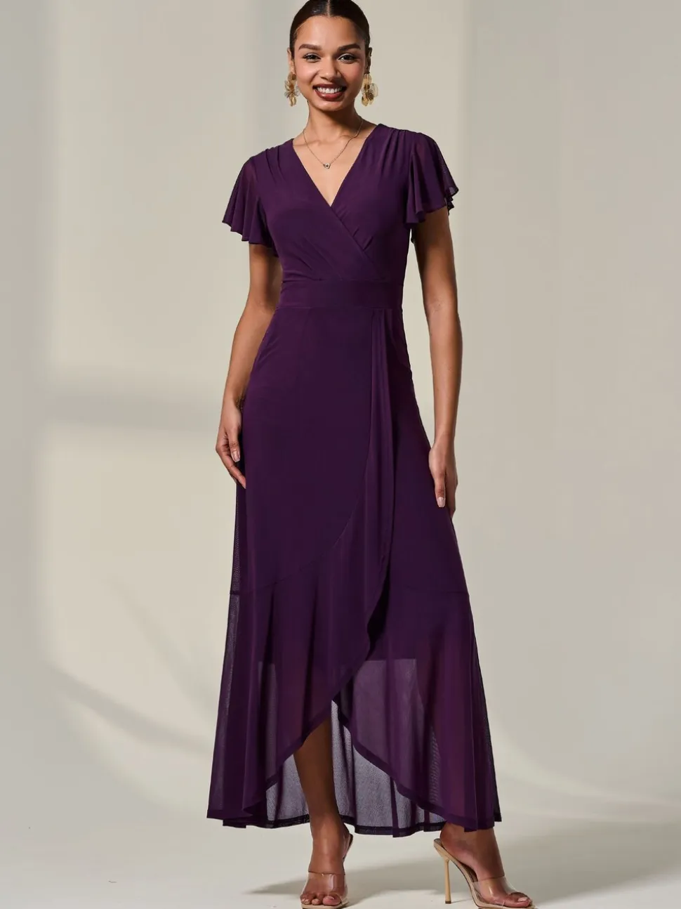 Jolie Moi Purple Plain Wrap Mesh Maxi Dress