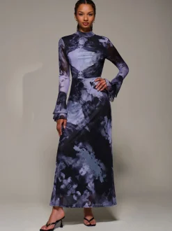 Jolie Moi Purple Ruffle Long Sleeve Mesh Maxi Dress