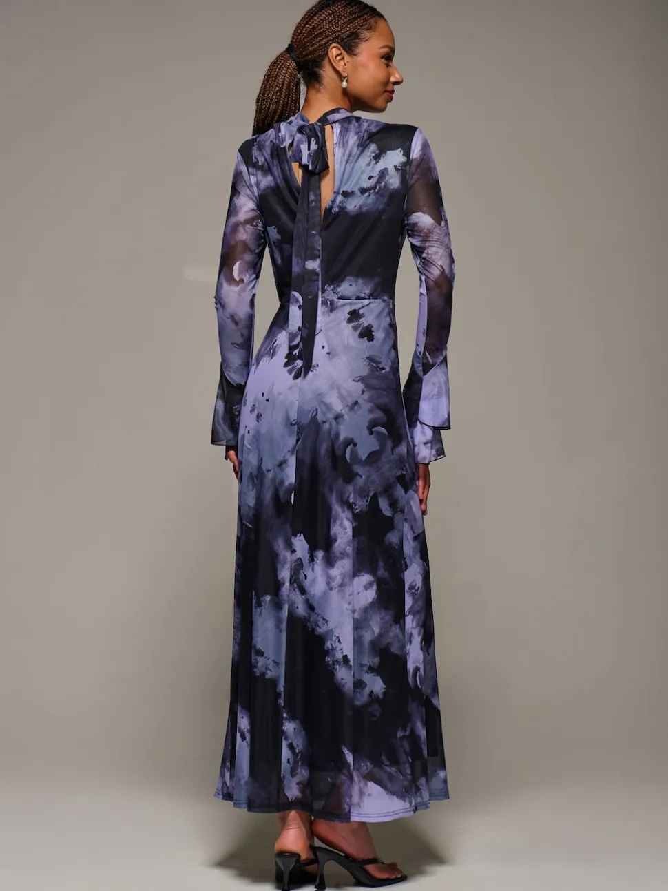 Jolie Moi Purple Ruffle Long Sleeve Mesh Maxi Dress