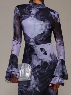 Jolie Moi Purple Ruffle Long Sleeve Mesh Maxi Dress
