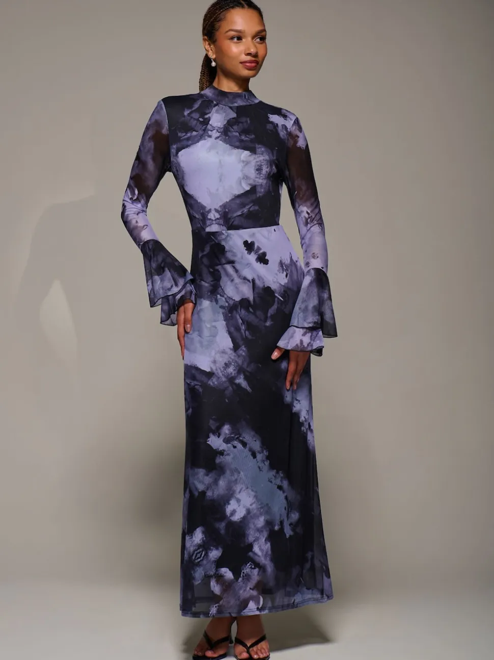 Jolie Moi Purple Ruffle Long Sleeve Mesh Maxi Dress