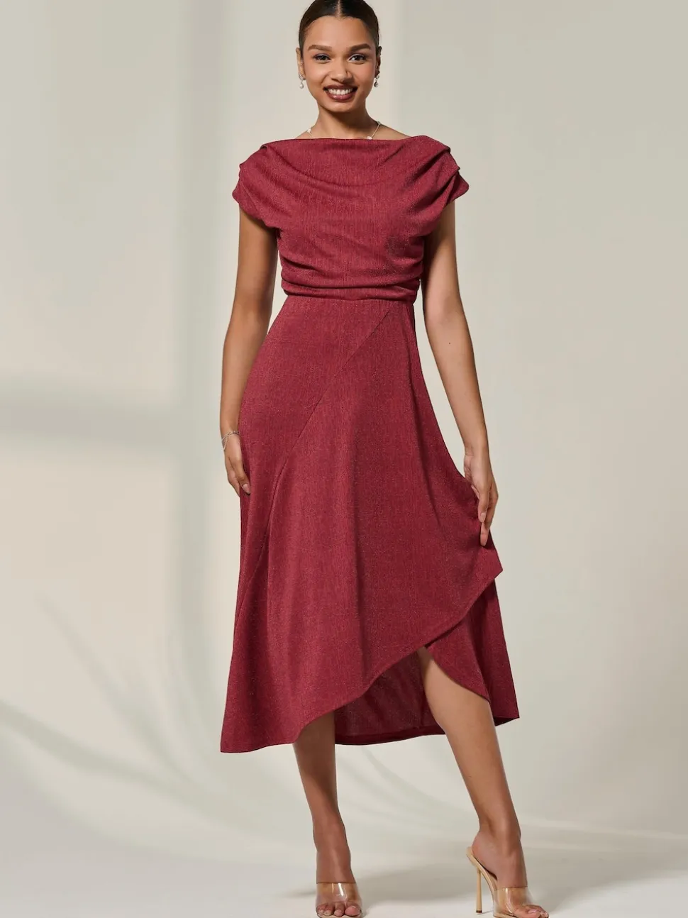 Jolie Moi Red Asymmmetric Draped Midi Dress