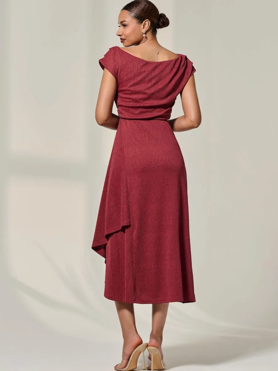 Jolie Moi Red Asymmmetric Draped Midi Dress
