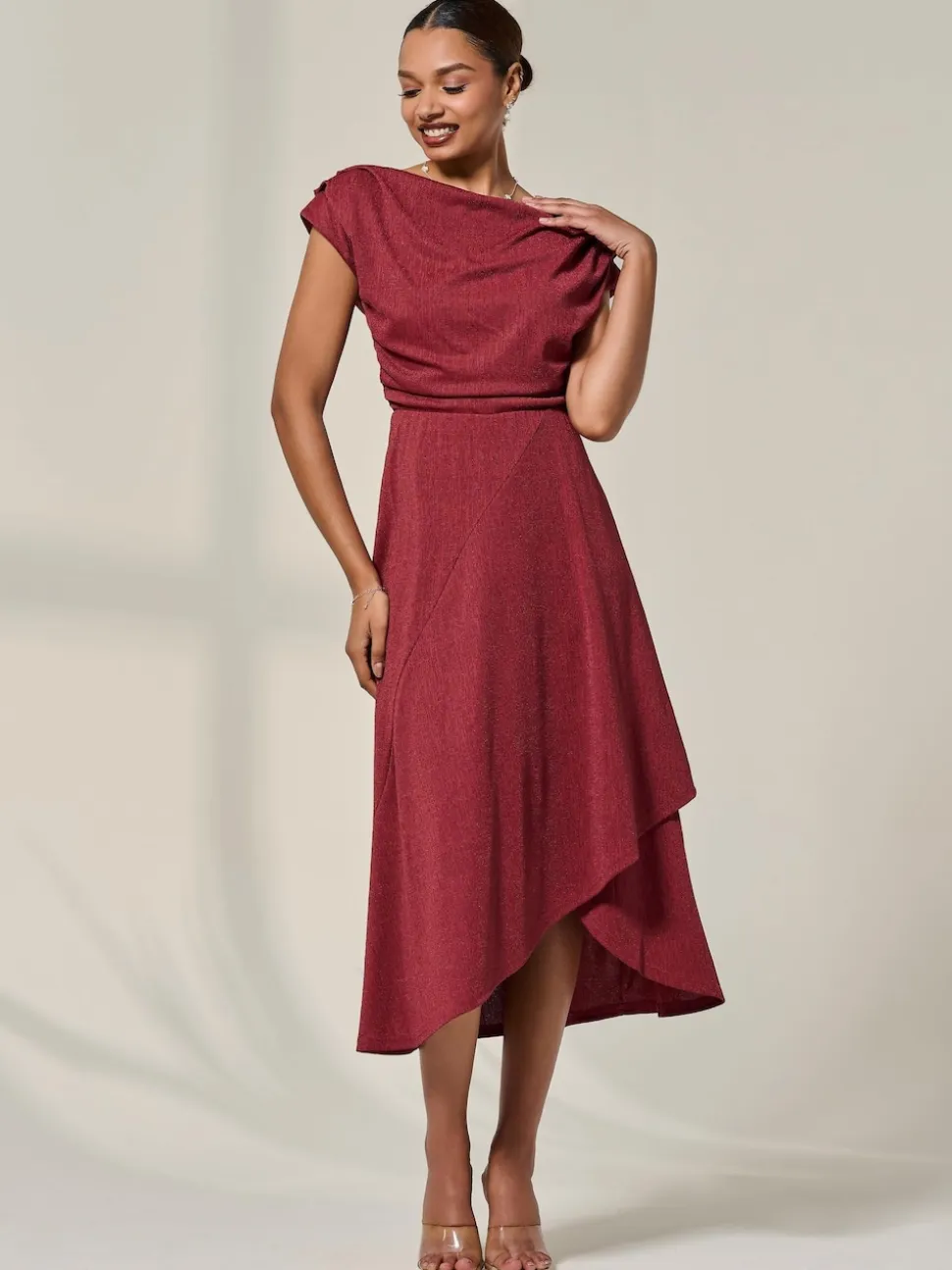 Jolie Moi Red Asymmmetric Draped Midi Dress