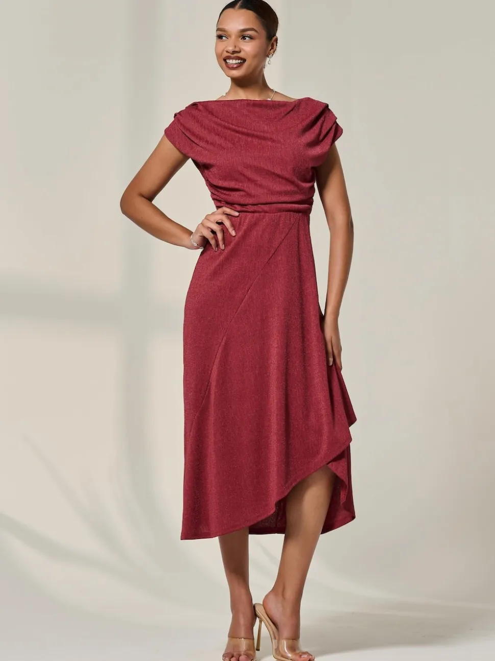 Jolie Moi Red Asymmmetric Draped Midi Dress