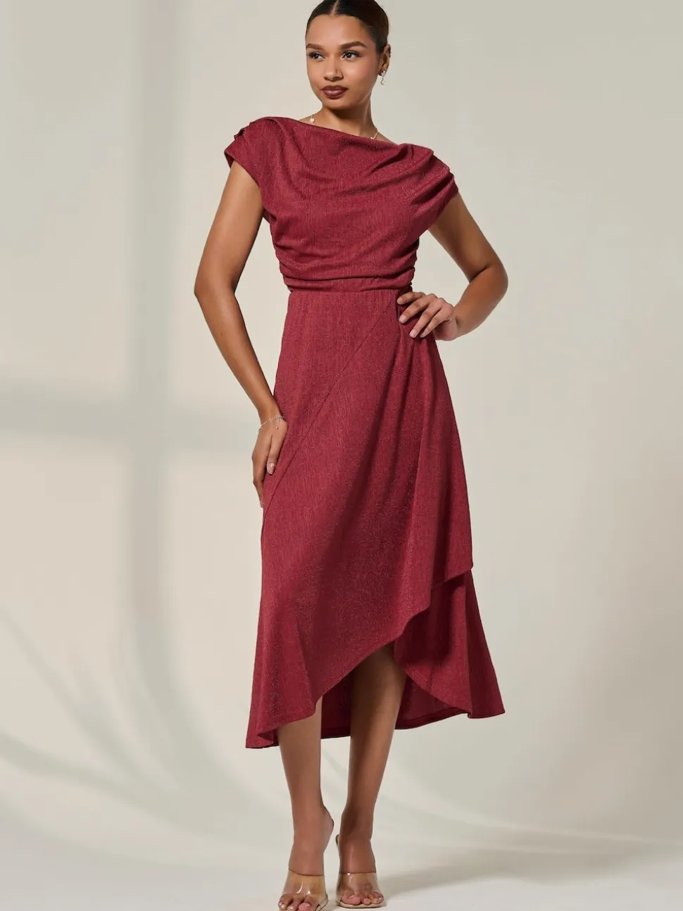 Jolie Moi Red Asymmmetric Draped Midi Dress