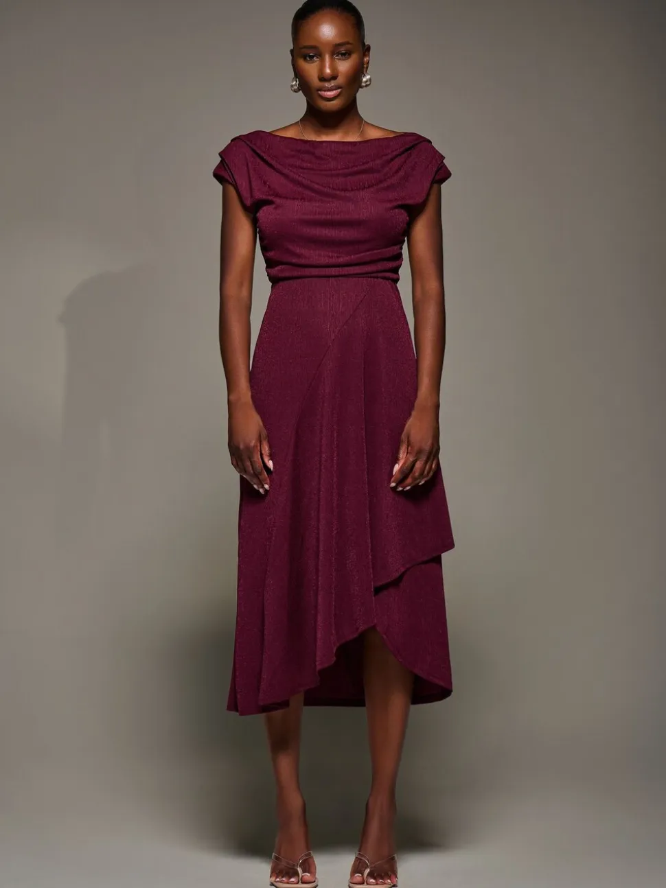 Jolie Moi Red Draped Jersey Cowl Neck Midi Dress
