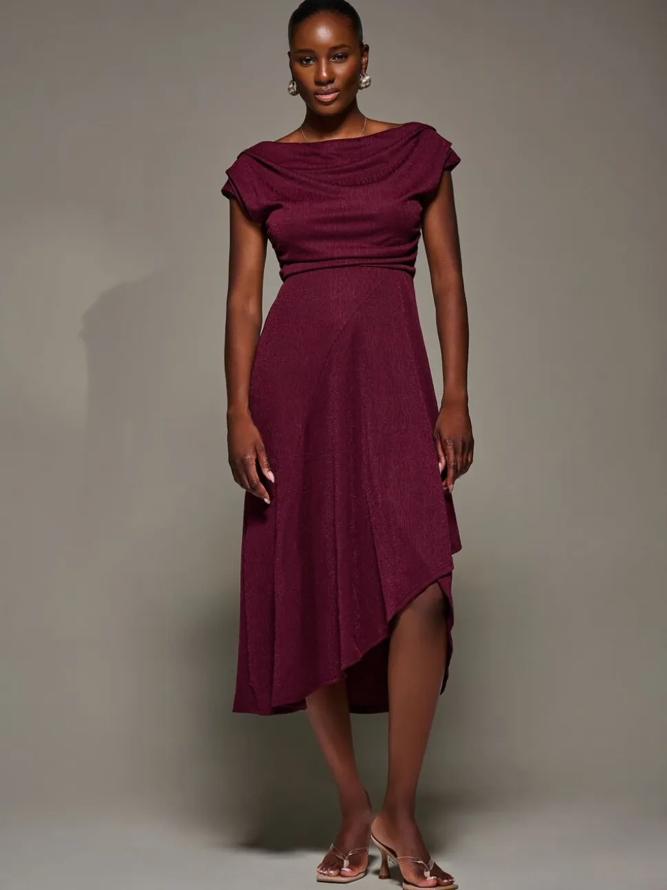 Jolie Moi Red Draped Jersey Cowl Neck Midi Dress
