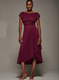 Jolie Moi Red Draped Jersey Cowl Neck Midi Dress