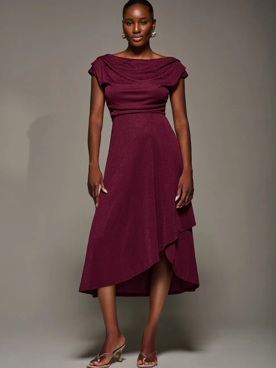 Jolie Moi Red Draped Jersey Cowl Neck Midi Dress