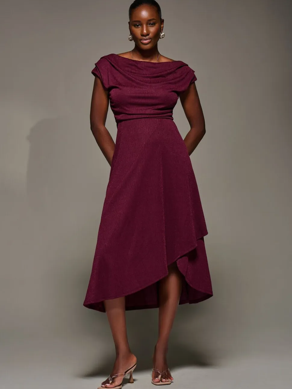 Jolie Moi Red Draped Jersey Cowl Neck Midi Dress