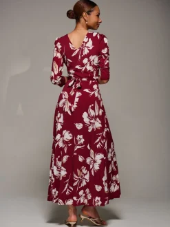 Jolie Moi Red Jersey Ruched Waist Fit & Flare Maxi Dress
