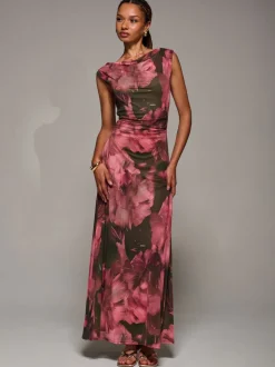 Jolie Moi Red Multiway Neckline Mesh Maxi Dress