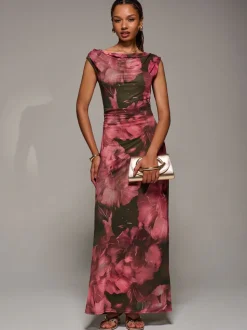 Jolie Moi Red Multiway Neckline Mesh Maxi Dress