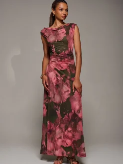 Jolie Moi Red Multiway Neckline Mesh Maxi Dress