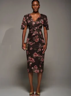 Jolie Moi Red Print Mesh Angel Sleeve Bodycon Midi Dress