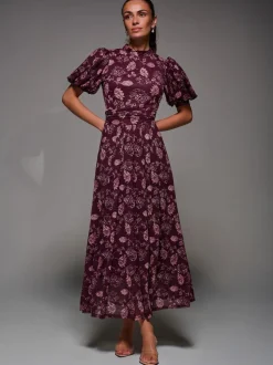 Jolie Moi Red Puffy Sleeve Printed Mesh Maxi Dress
