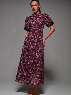 Jolie Moi Red Puffy Sleeve Printed Mesh Maxi Dress