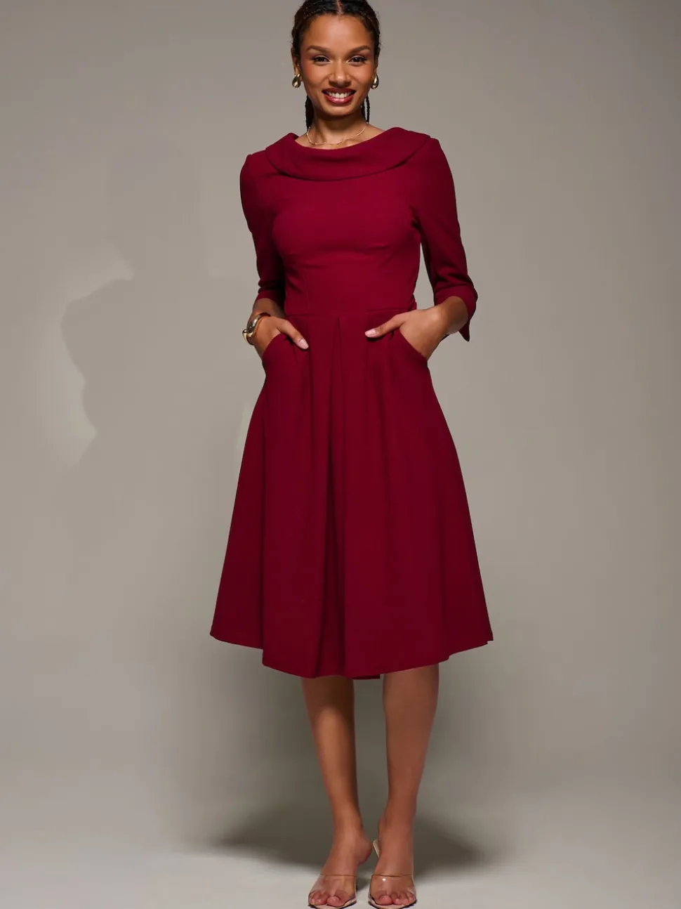 Jolie Moi Red Roll Neck Fit & Flare Midi Dress