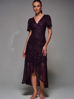 Jolie Moi Red Sequin Angel Sleeve Ruffle Hem Maxi Dress