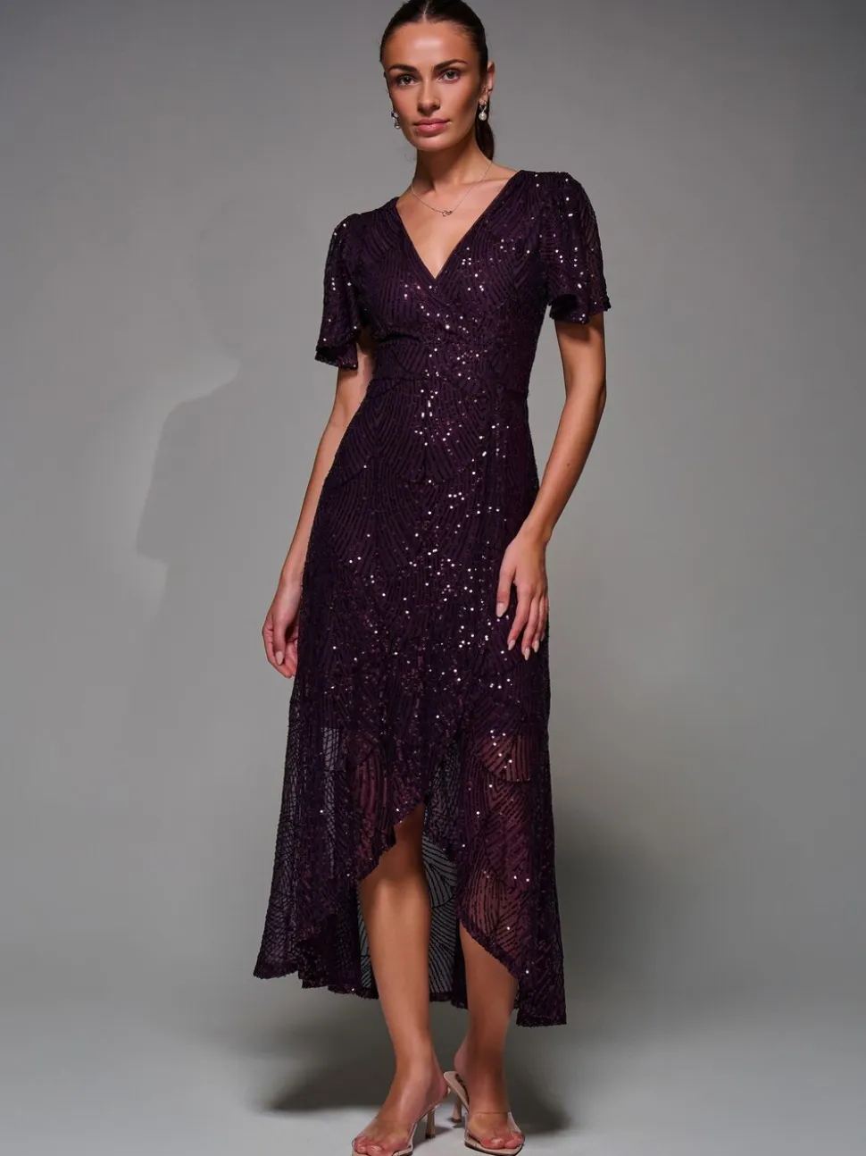 Jolie Moi Red Sequin Angel Sleeve Ruffle Hem Maxi Dress