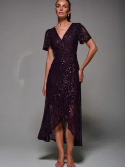 Jolie Moi Red Sequin Angel Sleeve Ruffle Hem Maxi Dress
