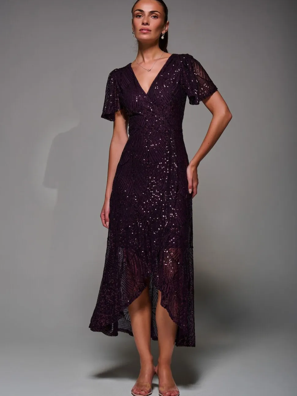 Jolie Moi Red Sequin Angel Sleeve Ruffle Hem Maxi Dress