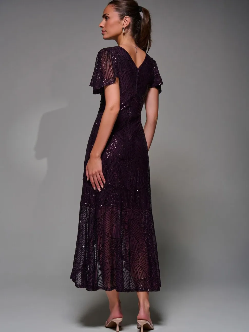 Jolie Moi Red Sequin Angel Sleeve Ruffle Hem Maxi Dress