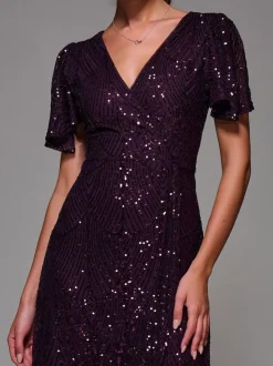 Jolie Moi Red Sequin Angel Sleeve Ruffle Hem Maxi Dress