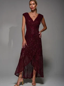 Jolie Moi Red Sequin Asymmetric Ruffle Hem Maxi Dress