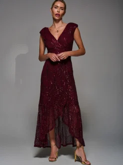 Jolie Moi Red Sequin Asymmetric Ruffle Hem Maxi Dress