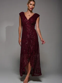 Jolie Moi Red Sequin Asymmetric Ruffle Hem Maxi Dress