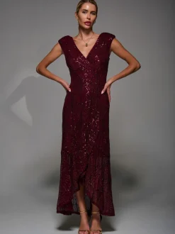 Jolie Moi Red Sequin Asymmetric Ruffle Hem Maxi Dress