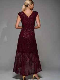 Jolie Moi Red Sequin Asymmetric Ruffle Hem Maxi Dress
