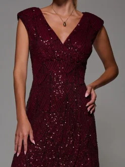 Jolie Moi Red Sequin Asymmetric Ruffle Hem Maxi Dress
