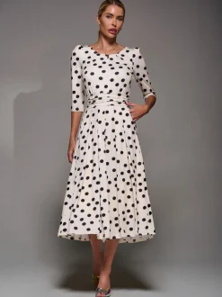 Jolie Moi White / Brown Three Quarter Sleeve Jersey Midi Dress
