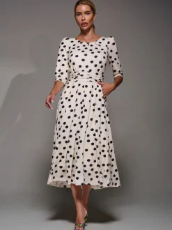 Jolie Moi White / Brown Three Quarter Sleeve Jersey Midi Dress