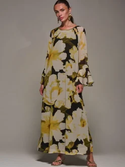 Jolie Moi Yellow Chiffon Long Sleeve Shift Maxi Dress