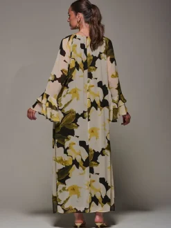 Jolie Moi Yellow Chiffon Long Sleeve Shift Maxi Dress
