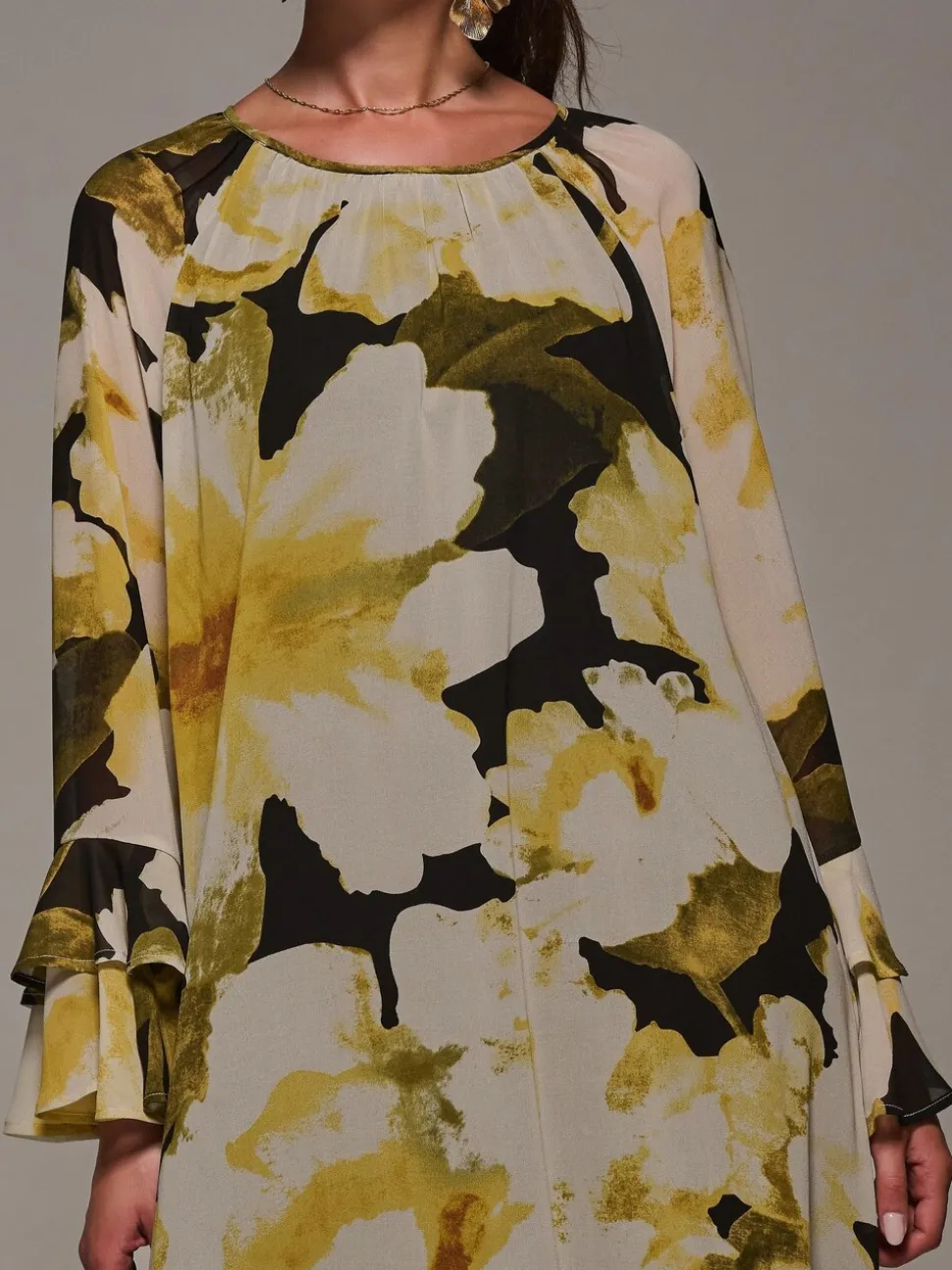 Jolie Moi Yellow Chiffon Long Sleeve Shift Maxi Dress