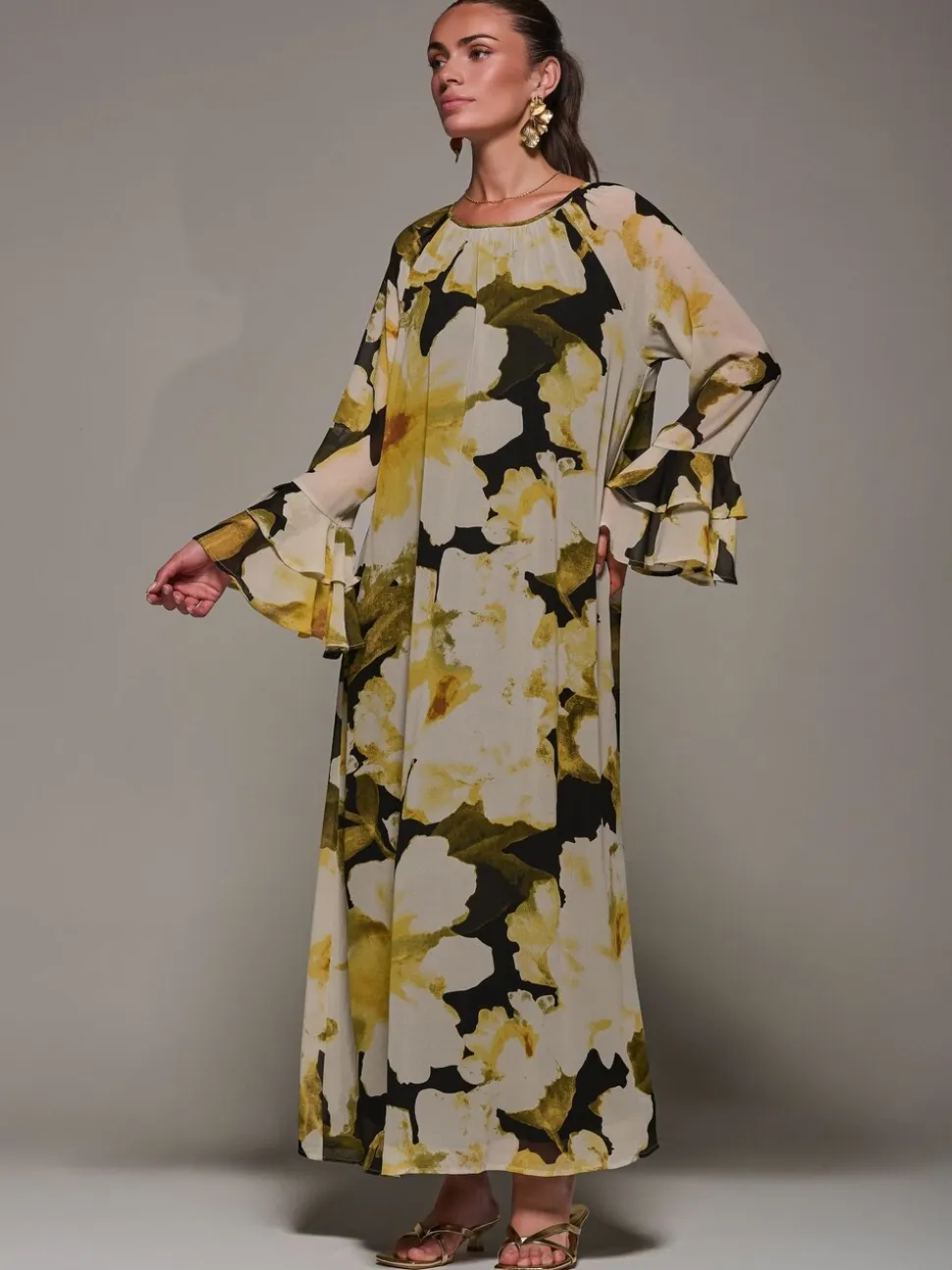 Jolie Moi Yellow Chiffon Long Sleeve Shift Maxi Dress