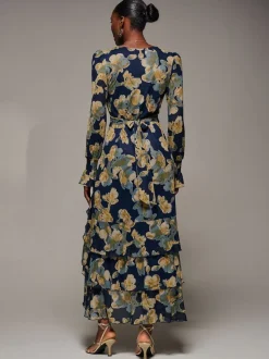 Jolie Moi Yellow Long Sleeve Ruffle Hem Mesh Maxi Dress