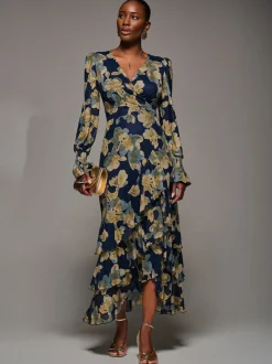 Jolie Moi Yellow Long Sleeve Ruffle Hem Mesh Maxi Dress
