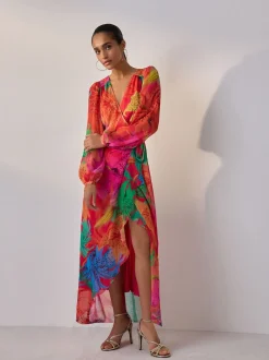 Kew Collection Bright Floral Occasion Long Sleeve Wrap Midi Dress